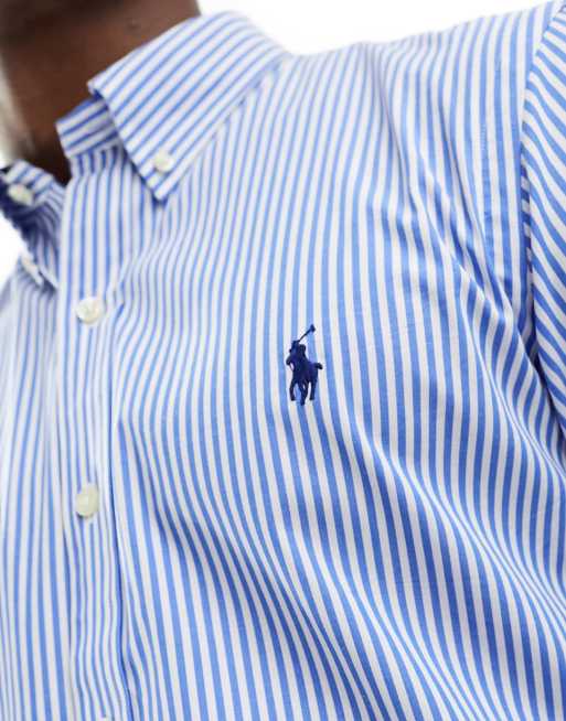 Polo Ralph Lauren icon logo slim fit stripe stretch poplin shirt in light  blue/white