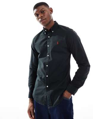 icon logo slim fit yarn dyed oxford shirt in black