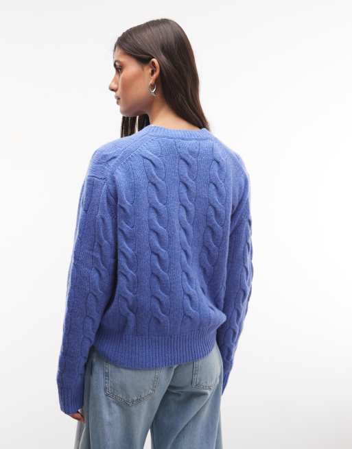 Polo Ralph Lauren icon logo straight fit exploded cable knit jumper in blue, 4 of 4