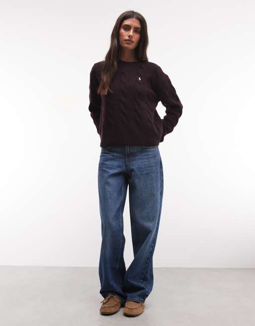Polo Ralph Lauren icon logo straight fit exploded cable knit jumper in brown, 2 of 4