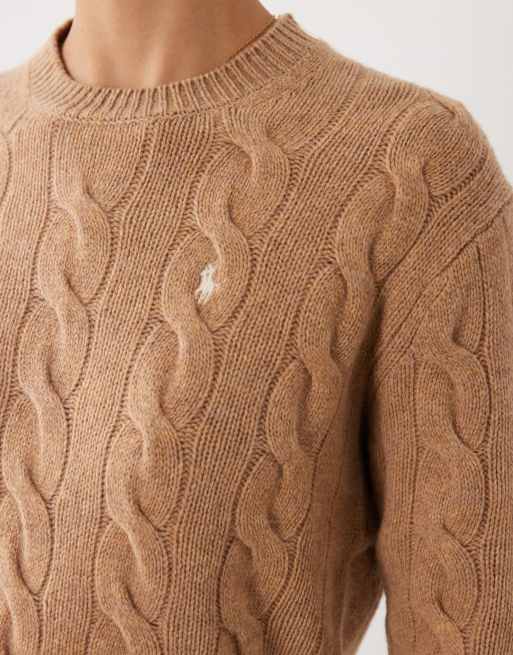 Polo Ralph Lauren icon logo straight fit exploded cable knit jumper in camel tan, 3 of 4