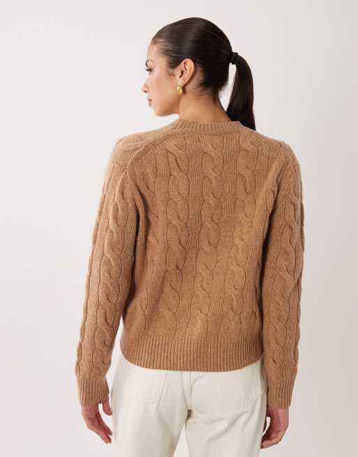 Polo Ralph Lauren icon logo straight fit exploded cable knit jumper in camel tan, 4 of 4