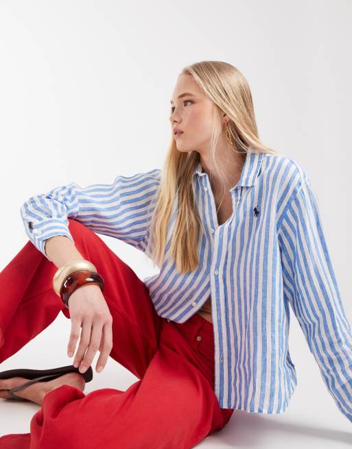 Polo Ralph Lauren icon logo stripe boxy linen shirt in blue/white, 2 of 4