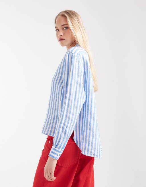 Polo Ralph Lauren icon logo stripe boxy linen shirt in blue/white, 4 of 4