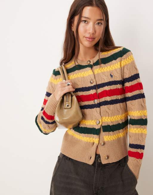 Polo Ralph Lauren icon logo stripe cardigan in camel