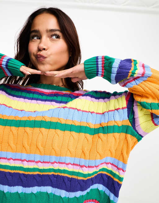 Polo Ralph Lauren icon logo stripe cotton cable knit jumper in multi | ASOS