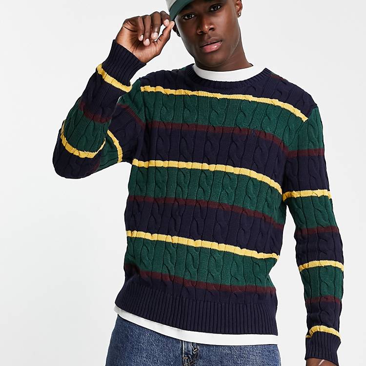 Polo Ralph Lauren icon logo stripe cotton cable knit sweater in multi
