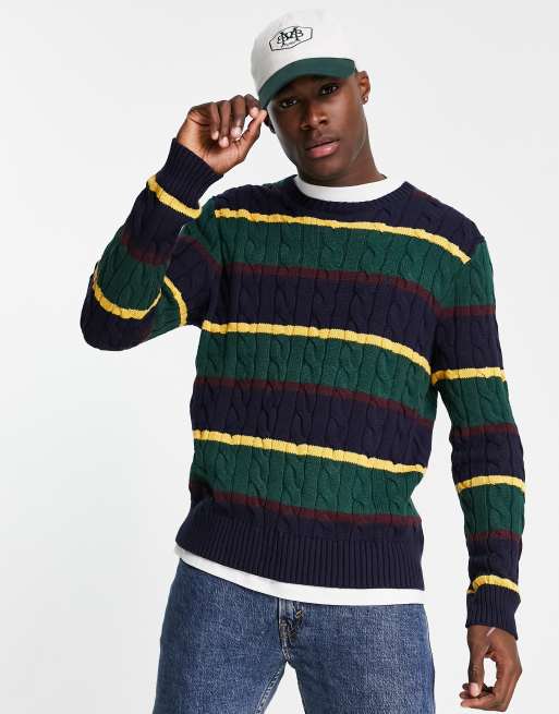 Polo Ralph Lauren icon logo stripe cotton cable knit sweater in multi