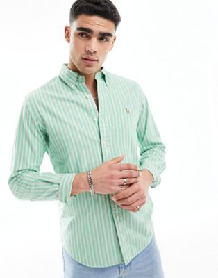 Polo Ralph Lauren Icon Logo Stripe Lightweight Oxford Shirt In Green/pink