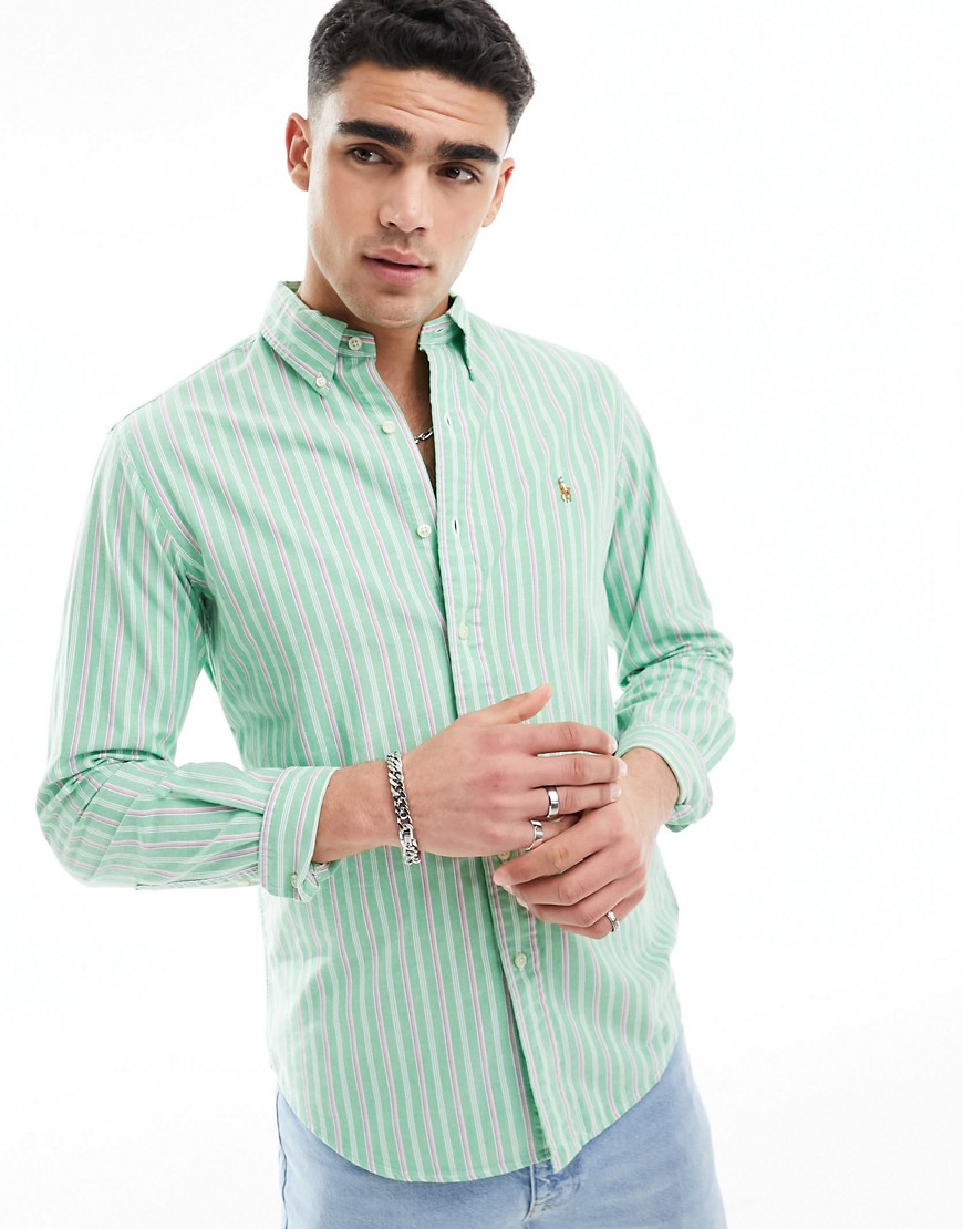 Polo Ralph Lauren icon logo stripe lightweight oxford shirt in green/pink