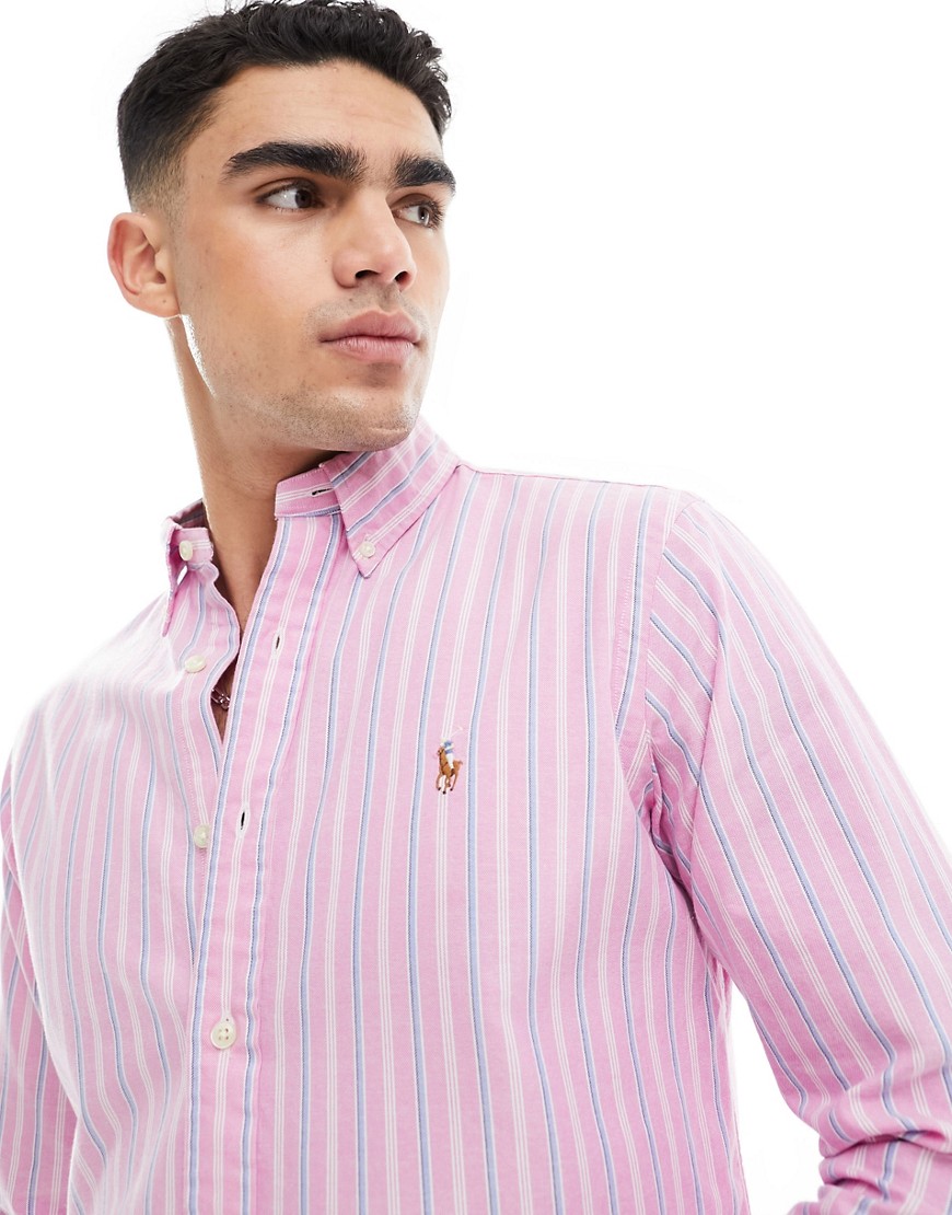 Polo Ralph Lauren icon logo stripe lightweight oxford shirt in pink/blue