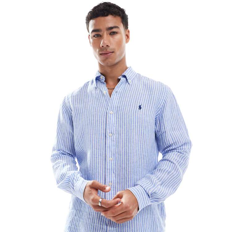 Polo Ralph Lauren icon logo stripe linen custom fit shirt in blue