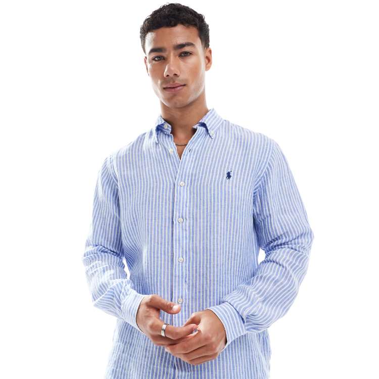 Polo Ralph Lauren icon logo stripe linen shirt in blue/white