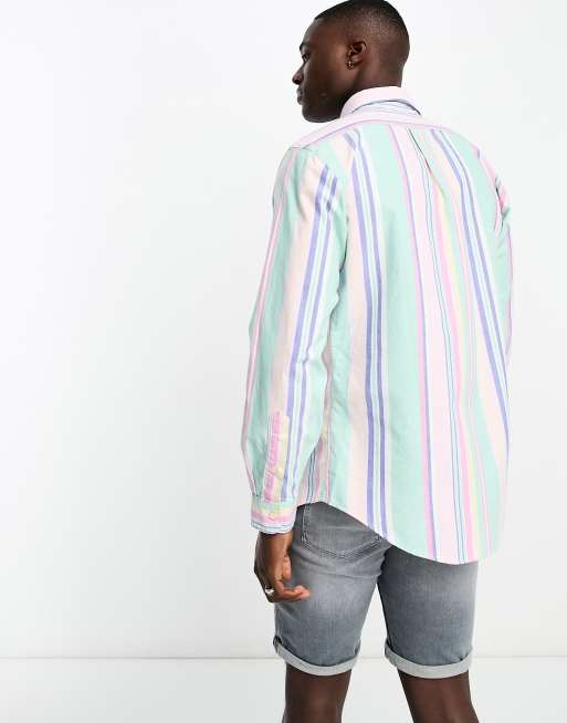 Polo Ralph Lauren icon logo stripe oxford shirt custom fit in green pink