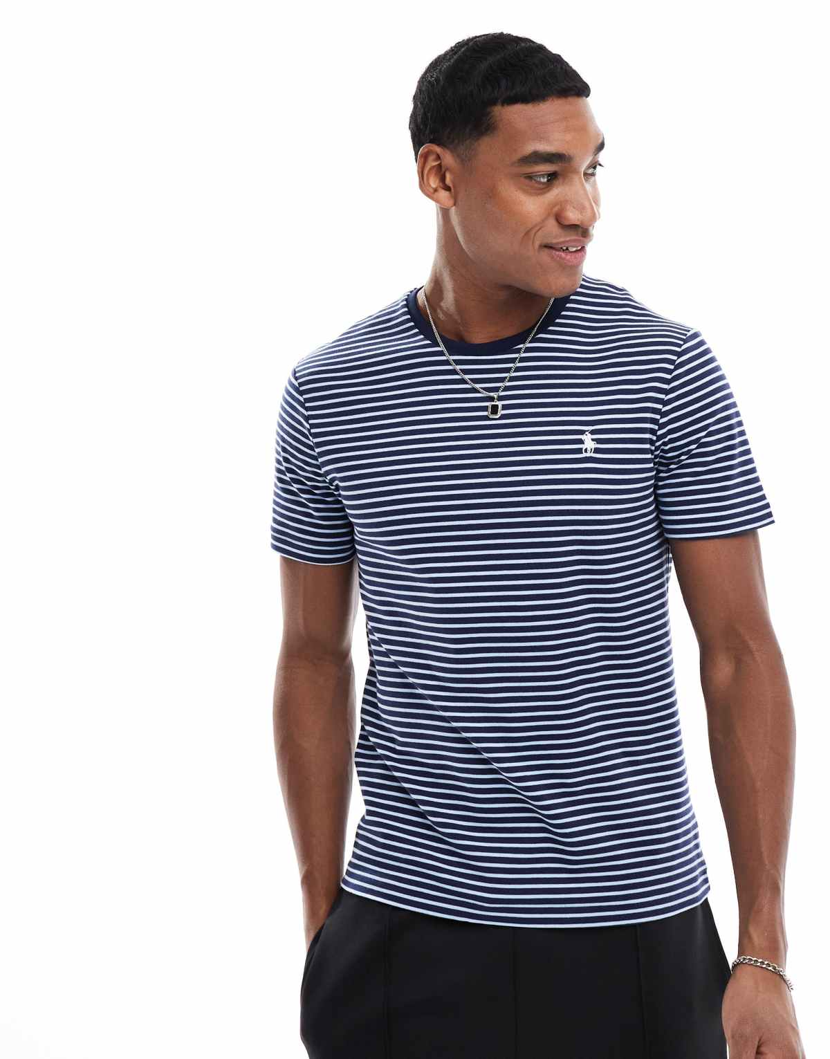 Polo Ralph Lauren icon logo stripe pima cotton t-shirt custom fit in navy/blue