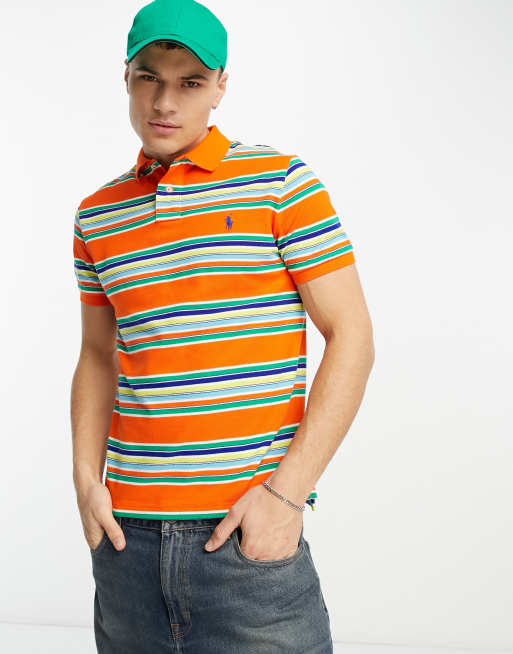 Polo Ralph Lauren icon logo stripe pique polo custom fit in orange multi