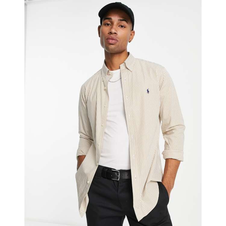 Polo Ralph Lauren icon logo stripe poplin shirt custom regular fit button  down in khaki tan | ASOS