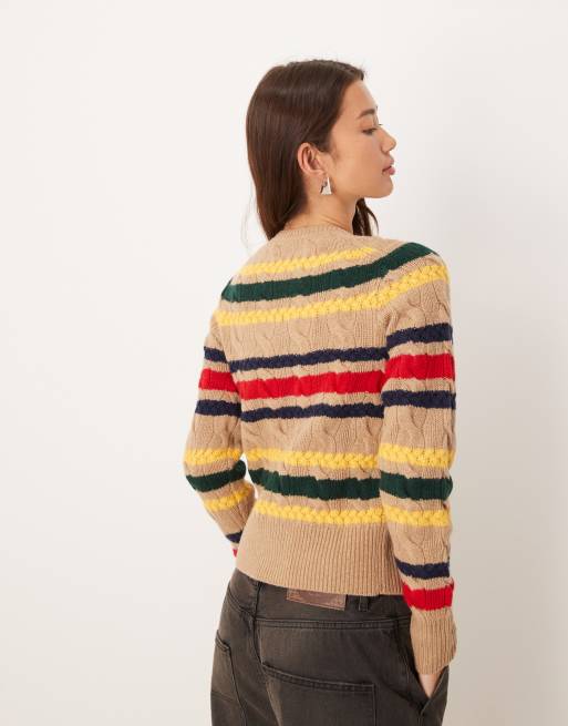 Polo Ralph Lauren icon logo stripe rich wool cardigan in camel, 3 of 4