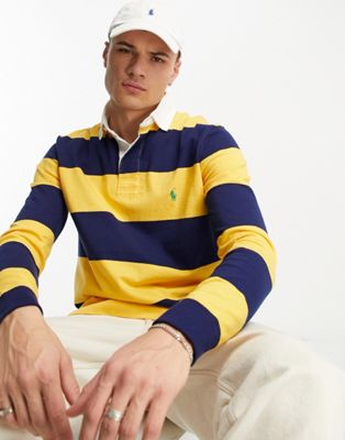 Polo Ralph Lauren icon logo stripe rugby polo classic fit in gold/navy