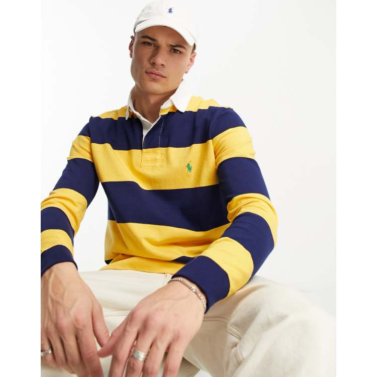 Polo Ralph Lauren icon logo stripe rugby polo classic fit in gold/navy