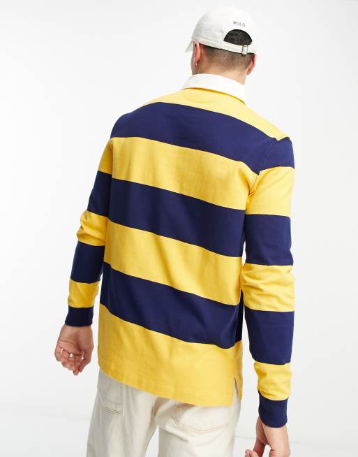 Polo Ralph Lauren icon logo stripe rugby polo classic fit in gold/navy