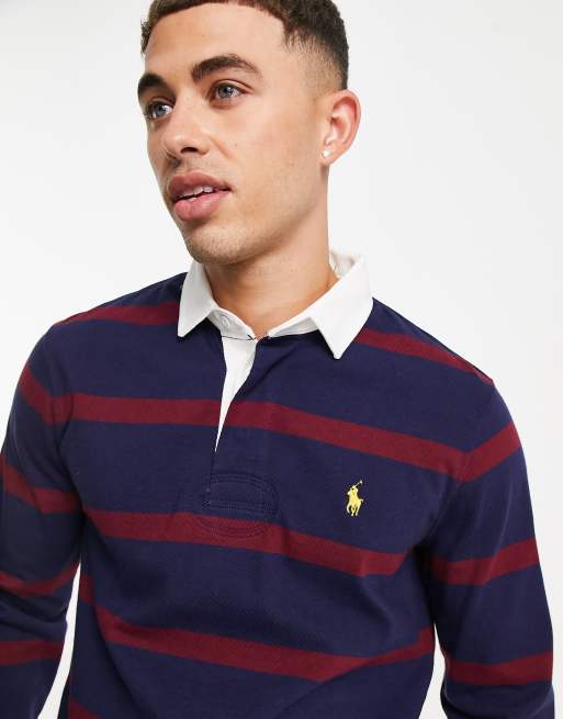 Polo Ralph Lauren icon logo stripe rugby polo custom regular fit in  navy/burgundy | ASOS