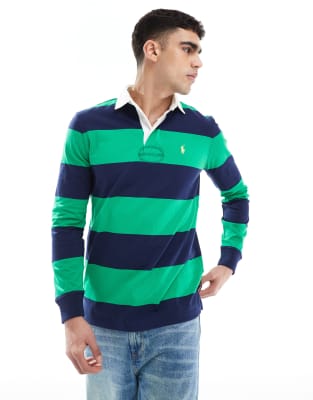 icon logo stripe rugby polo in navy/green