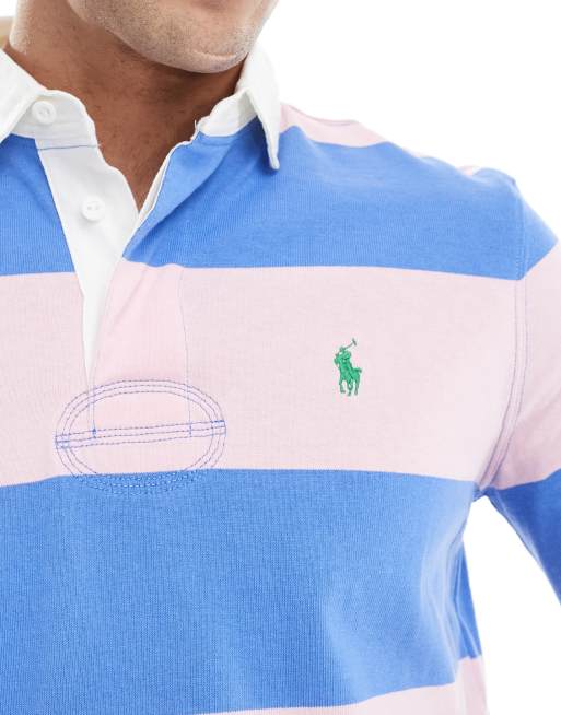 Polo Ralph Lauren icon logo stripe rugby polo in pink/blue, 3 of 4