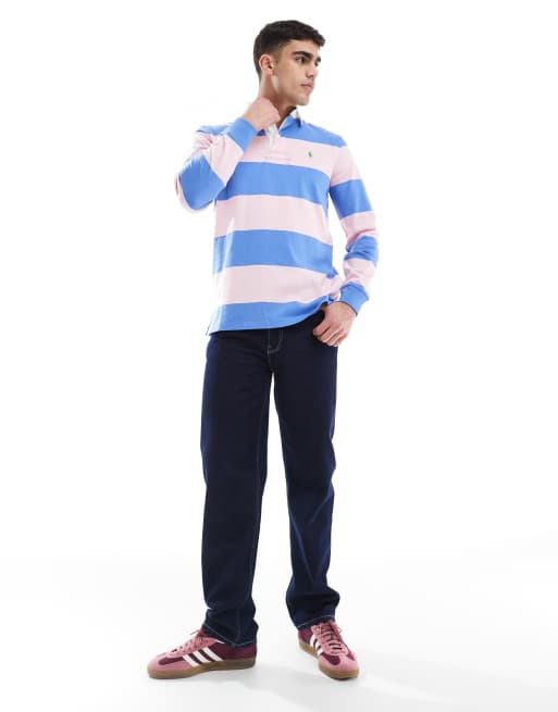 Polo Ralph Lauren icon logo stripe rugby polo in pink/blue, 4 of 4