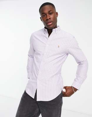Polo Ralph Lauren icon logo stripe slim fit oxford shirt button down in purple/navy multi - ASOS Price Checker