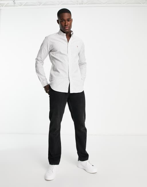 Polo Ralph Lauren icon logo stripe stretch oxford shirt custom regular fit in gray/white