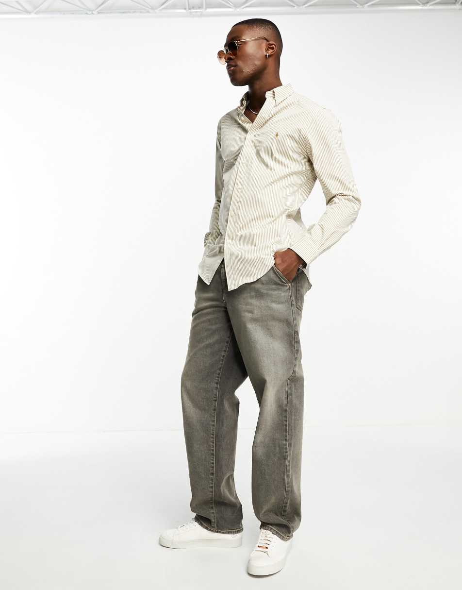 Polo Ralph Lauren icon logo stripe stretch poplin shirt slim fit in vintage khaki/white 2