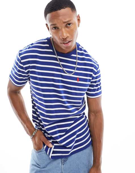 Mens blue and white striped hot sale t shirt