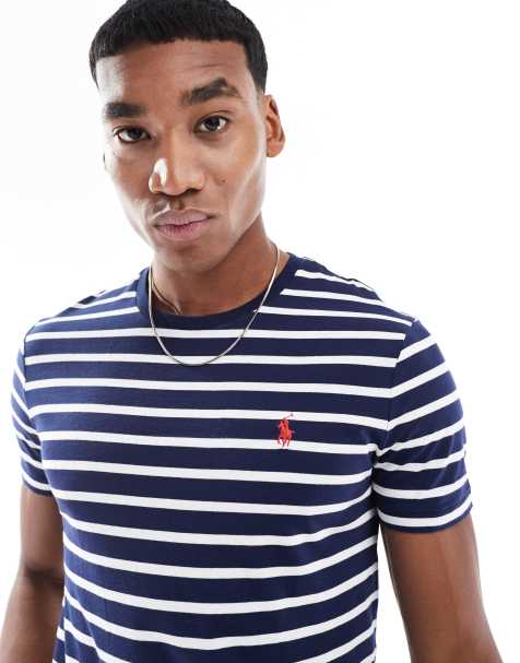 Polo Ralph Lauren icon logo stripe t-shirt custom fit in navy/white - view 1
