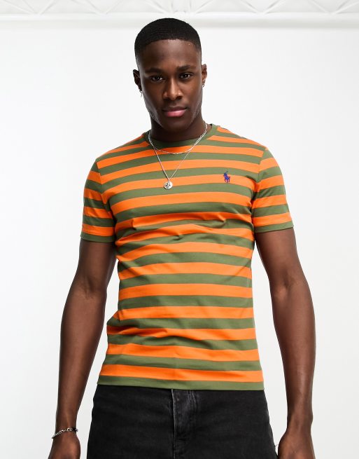 Polo Ralph Lauren icon logo stripe t-shirt custom fit in orange and green |  ASOS