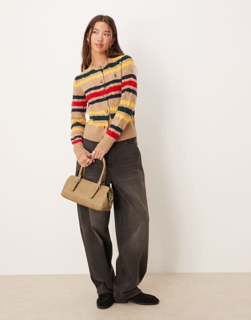 Polo Ralph Lauren icon logo stripe wool rich cardigan in camel, 4 of 4