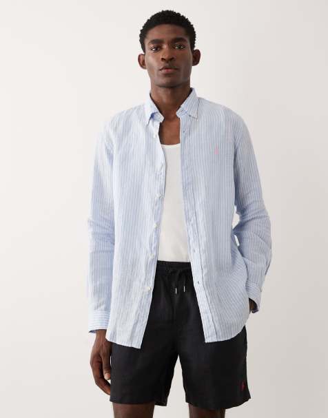 Polo Ralph Lauren icon logo striped linen long sleeve shirt in blue and white