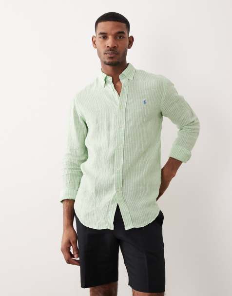 Polo Ralph Lauren icon logo striped linen long sleeve shirt in light green and white - view 1