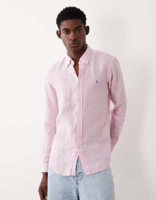Polo Ralph Lauren Men's White Icon Logo Striped Linen Long Sleeve Shirt In Pink And