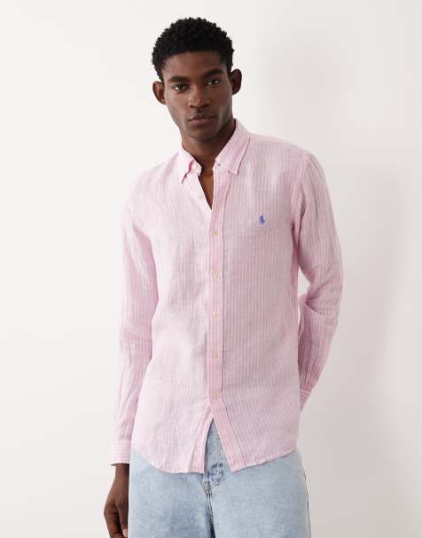 Polo Ralph Lauren icon logo striped linen long sleeve shirt in pink and white - view 1