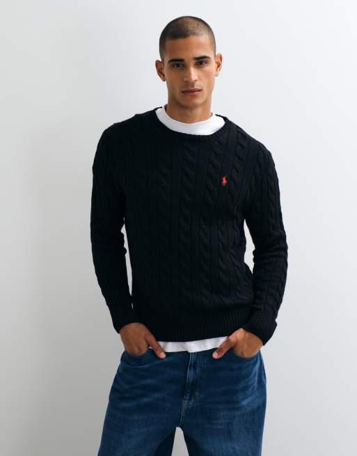 Polo Ralph Lauren icon logo sweatshirt i bomuld med kabelstrik i sort, 3 af 5