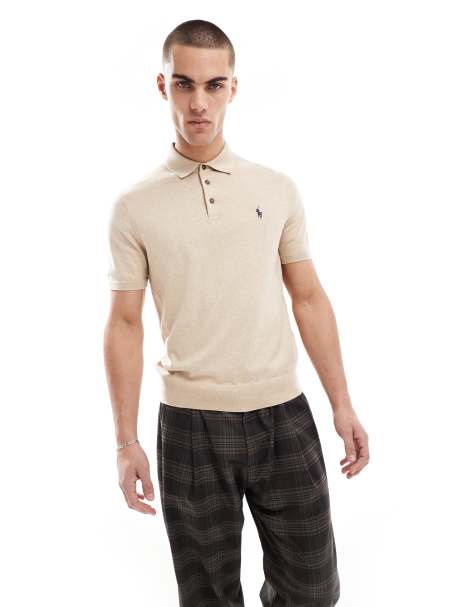 Polo Ralph Lauren icon logo textured cotton knit polo in tan heather - view 1