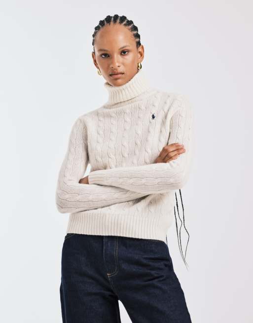 Polo Ralph Lauren icon logo turtle neck cable knit jumper in cream