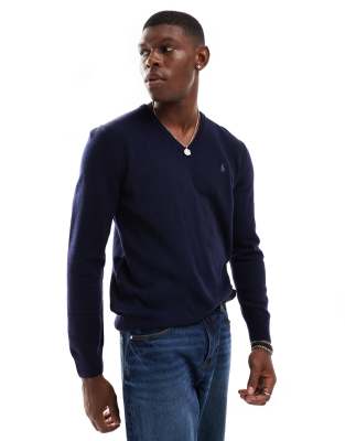 Polo Ralph Lauren Polo Ralph Lauren icon logo v-neck heavyweight cotton knit jumper in navy