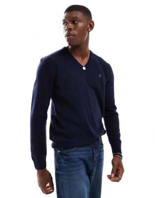 icon logo v-neck heavyweight cotton knit sweater in navy