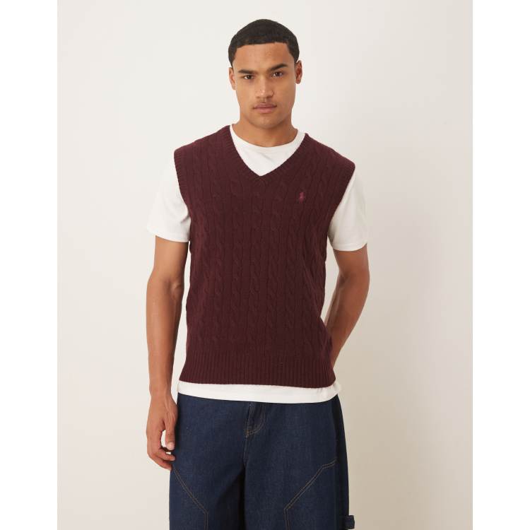 Polo Ralph Lauren icon logo v-neck rich wool cable knit vest in