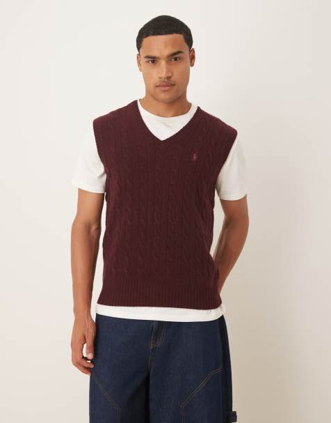 Polo Ralph Lauren icon logo v-neck rich wool cable knitted singlet in burgundy marl - view 1