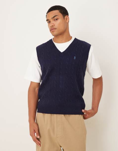 Polo Ralph Lauren icon logo v-neck wool cable knit vest in navy - view 1