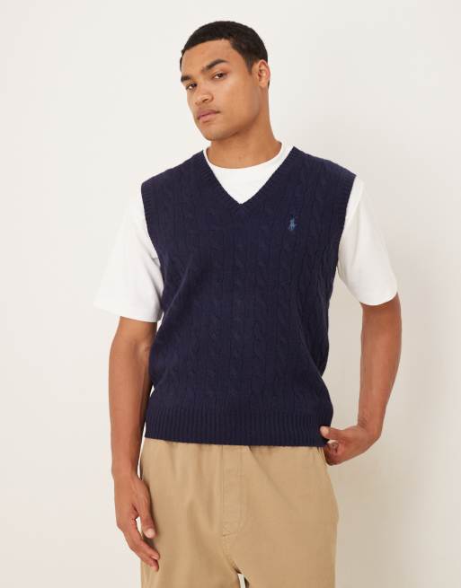 Polo Ralph Lauren icon logo v-neck wool cable knit vest in navy