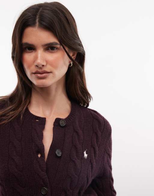 Polo Ralph Lauren icon logo wollen kabelvest in bruin, 3 van 4